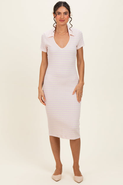 Ivory/ Light Pink Striped Short Sleeve Collared V-Neck Fitted Maternity Midi Dress