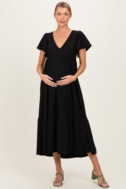 Black Textured Ruffle Hem Maternity Maxi Dress