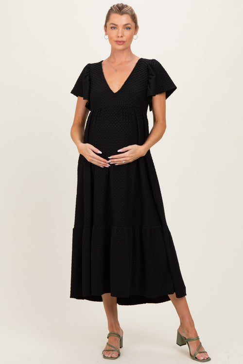 Black Textured Ruffle Hem Maternity Maxi Dress