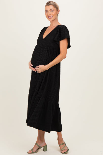 Black Textured Ruffle Hem Maternity Maxi Dress