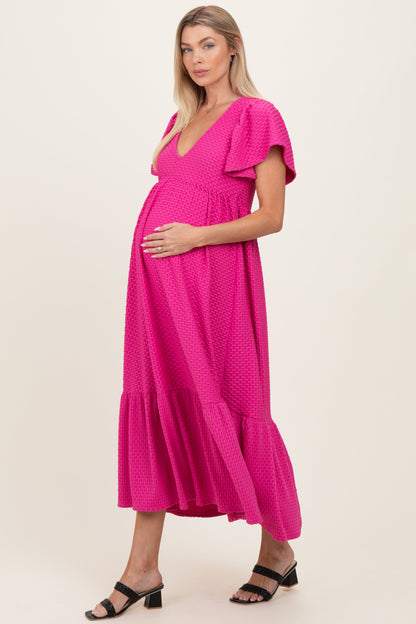 Fuchsia Textured Ruffle Hem Maternity Maxi Dress