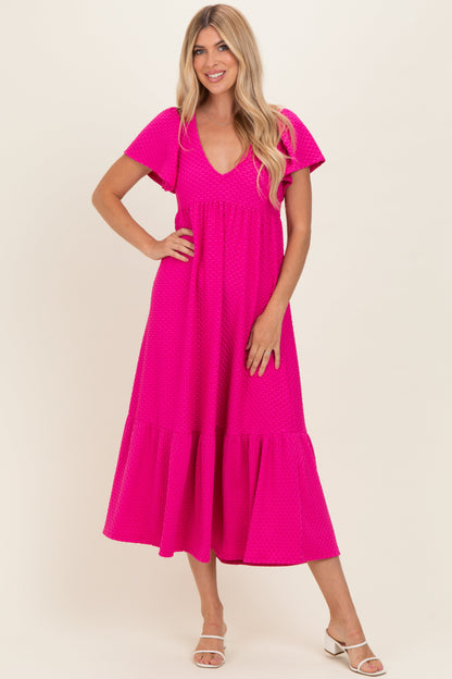Fuchsia Textured Ruffle Hem Maternity Maxi Dress