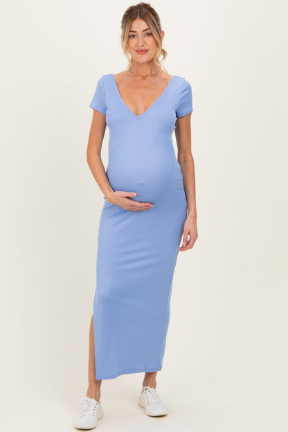 Blue Basic Ribbed Side Slit Maternity Midi Dress