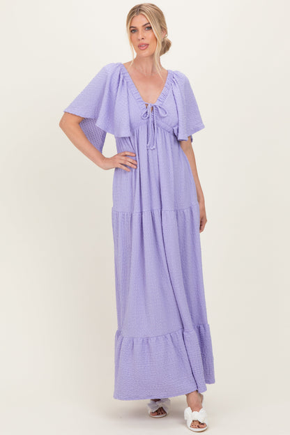 Lavender Woven Textured Flutter Sleeve V-Neck Tiered Maternity Maxi Dress