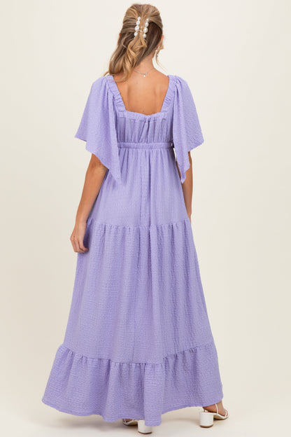 Lavender Woven Textured Flutter Sleeve V-Neck Tiered Maternity Maxi Dress