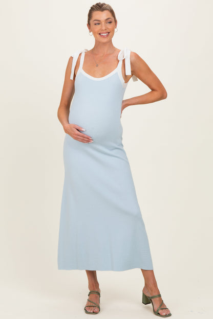 Light Blue Knit Contrast Shoulder Tie Maternity Dress