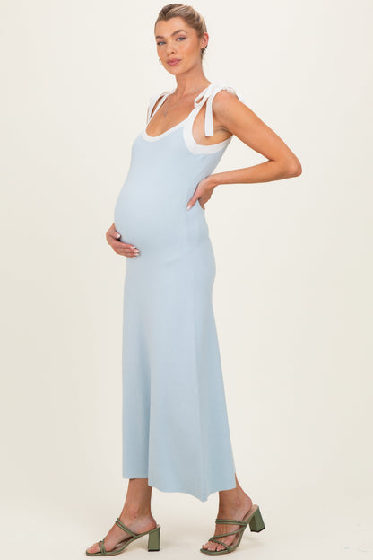Light Blue Knit Contrast Shoulder Tie Maternity Dress