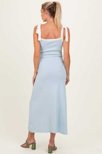 Light Blue Knit Contrast Shoulder Tie Maternity Dress