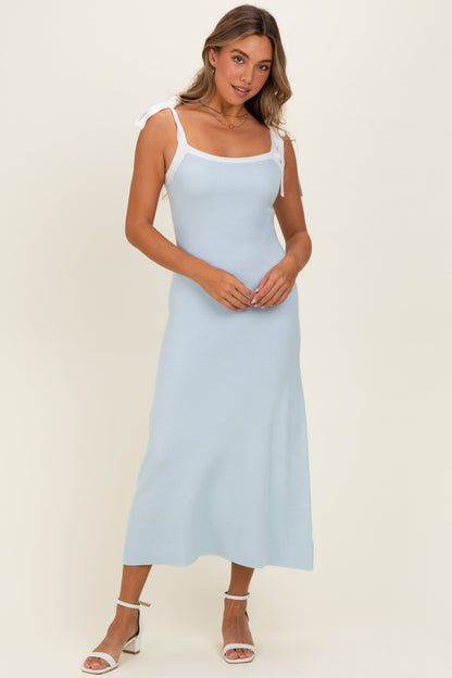Light Blue Knit Contrast Shoulder Tie Maternity Dress