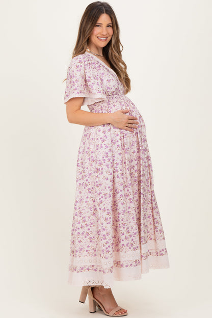 Lavender Floral Lace Trim Flutter Sleeve Maternity Maxi Dress