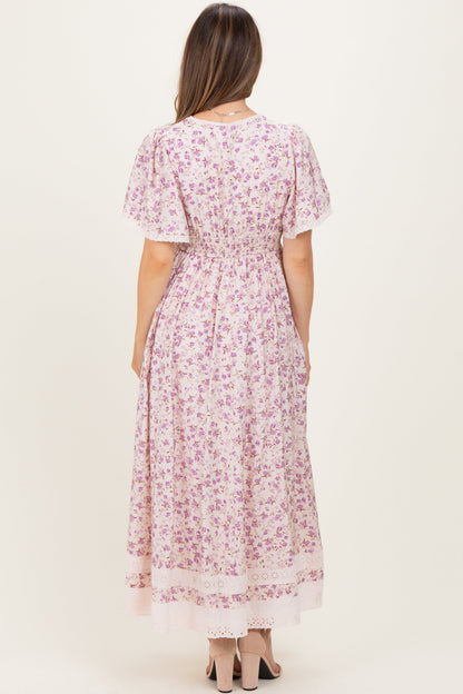 Lavender Floral Lace Trim Flutter Sleeve Maternity Maxi Dress