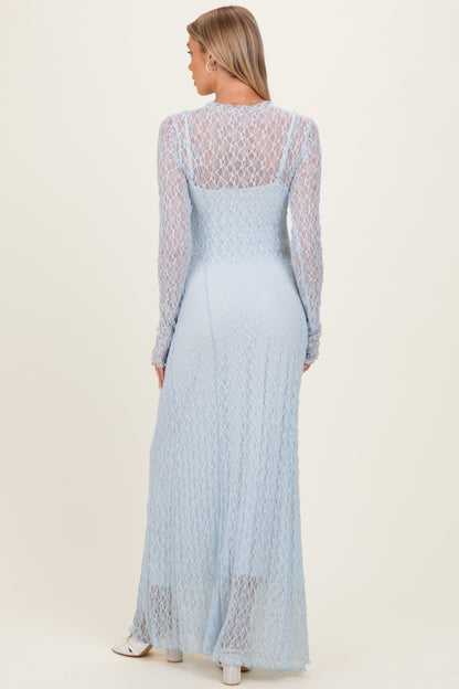Light Blue Lace Mock Neck Long Sleeve Maternity Maxi Dress