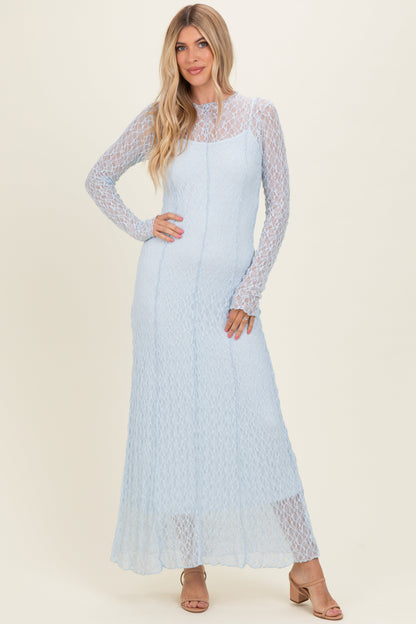 Light Blue Lace Mock Neck Long Sleeve Maternity Maxi Dress