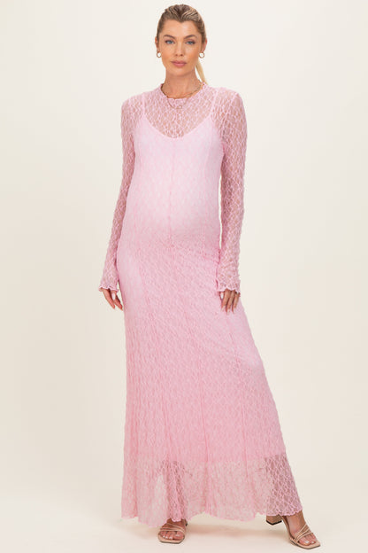 Pink Lace Mock Neck Long Sleeve Maternity Maxi Dress