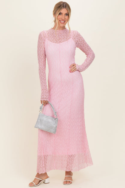 Pink Lace Mock Neck Long Sleeve Maternity Maxi Dress