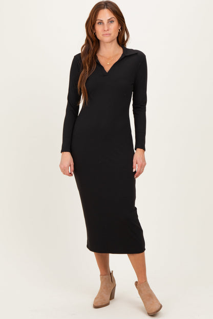Black Ribbed Collared Long Sleeve Maternity Midi Dress