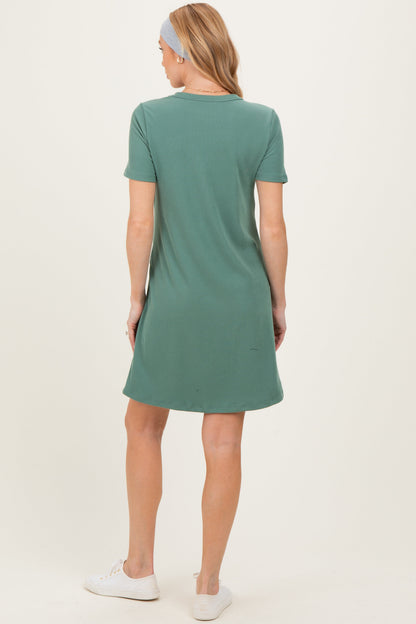 Olive Ribbed Knit Basic Short Sleeve Maternity T-Shirt Dress