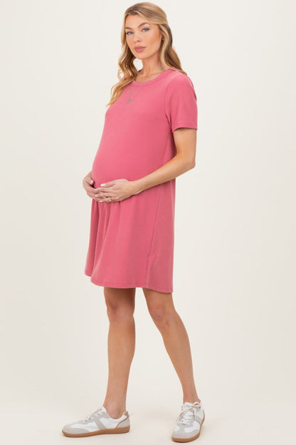 Pink Ribbed Knit Basic Short Sleeve Maternity T-Shirt Dress