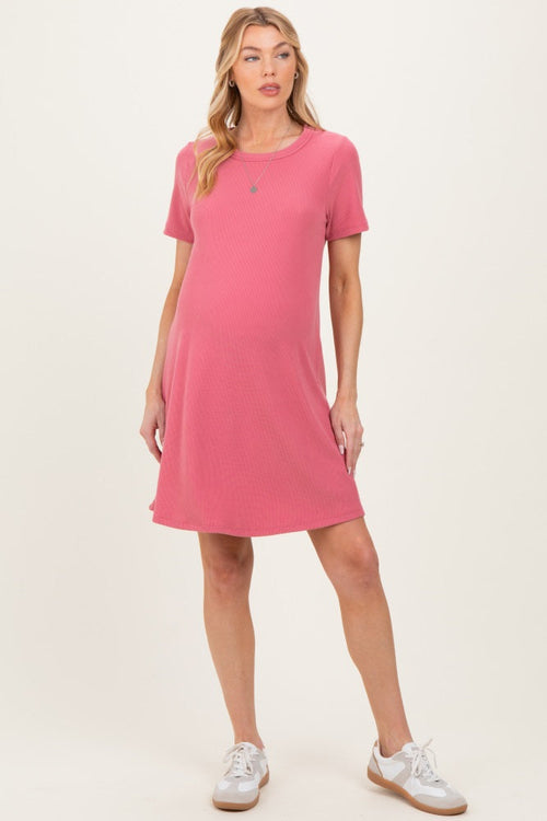 Pink Ribbed Knit Basic Short Sleeve Maternity T-Shirt Dress