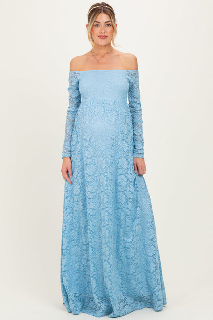 Light Blue Floral Lace Long Sleeve Off Shoulder Maternity Maxi Dress