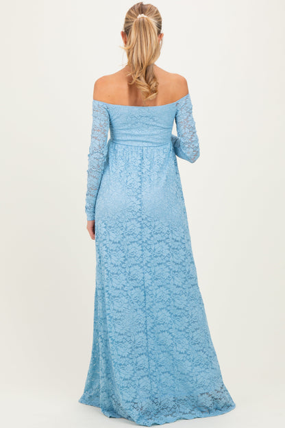 Light Blue Floral Lace Long Sleeve Off Shoulder Maternity Maxi Dress