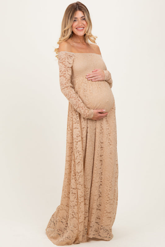 Gold Floral Lace Long Sleeve Off Shoulder Maternity Maxi Dress