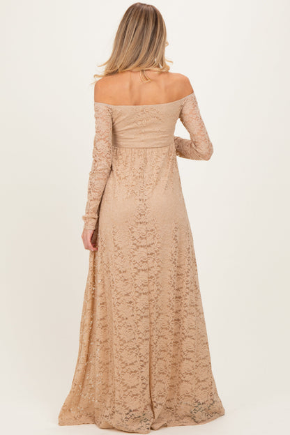 Gold Floral Lace Long Sleeve Off Shoulder Maternity Maxi Dress