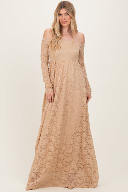 Gold Floral Lace Long Sleeve Off Shoulder Maternity Maxi Dress
