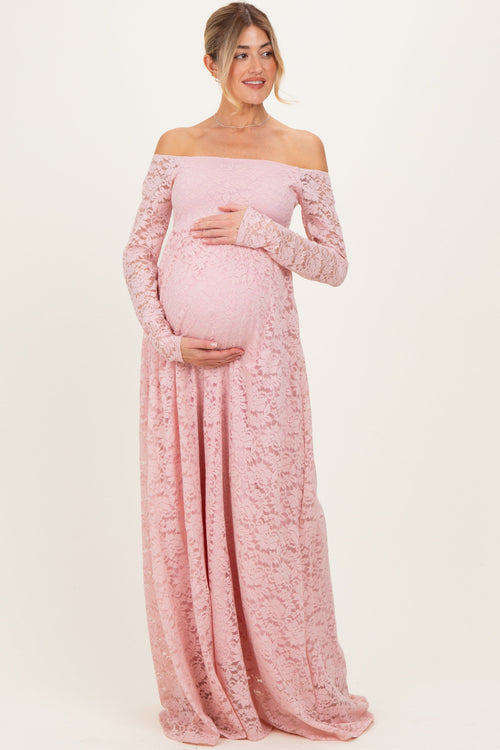 Light Pink Floral Lace Long Sleeve Off Shoulder Maternity Maxi Dress