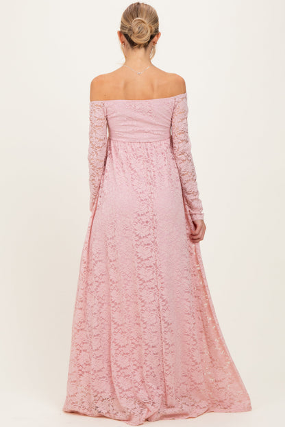 Light Pink Floral Lace Long Sleeve Off Shoulder Maternity Maxi Dress
