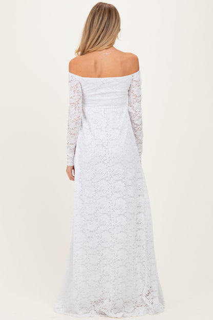 White Floral Lace Long Sleeve Off Shoulder Maternity Maxi Dress