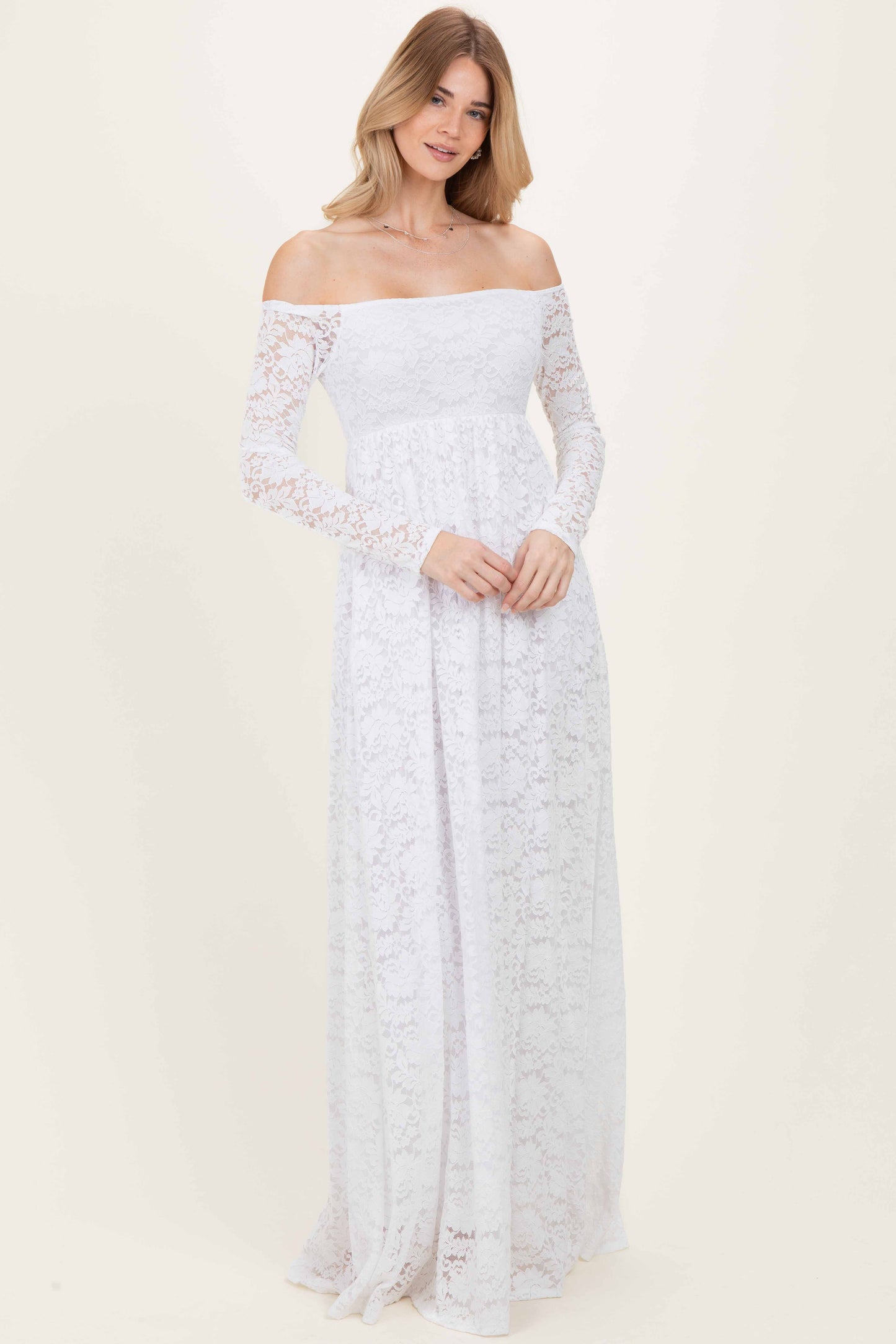 White Floral Lace Long Sleeve Off Shoulder Maternity Maxi Dress