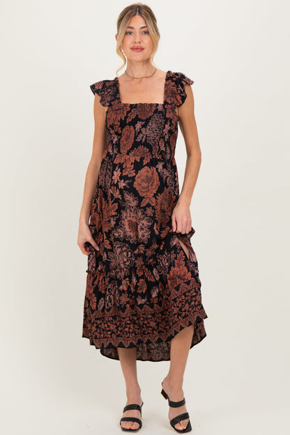 Black Floral Smocked Flutter Sleeve Maternity Midi Dress