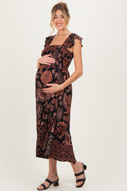 Black Floral Smocked Flutter Sleeve Maternity Midi Dress