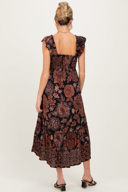 Black Floral Smocked Flutter Sleeve Maternity Midi Dress