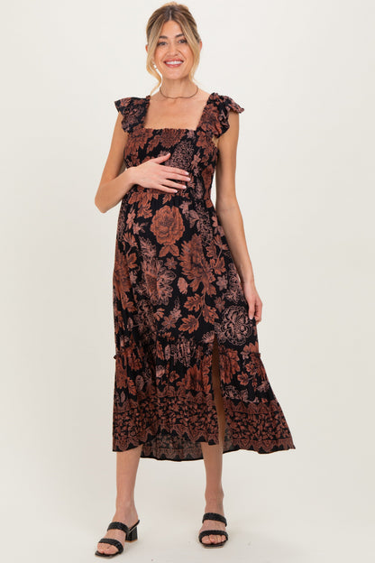 Black Floral Smocked Flutter Sleeve Maternity Midi Dress