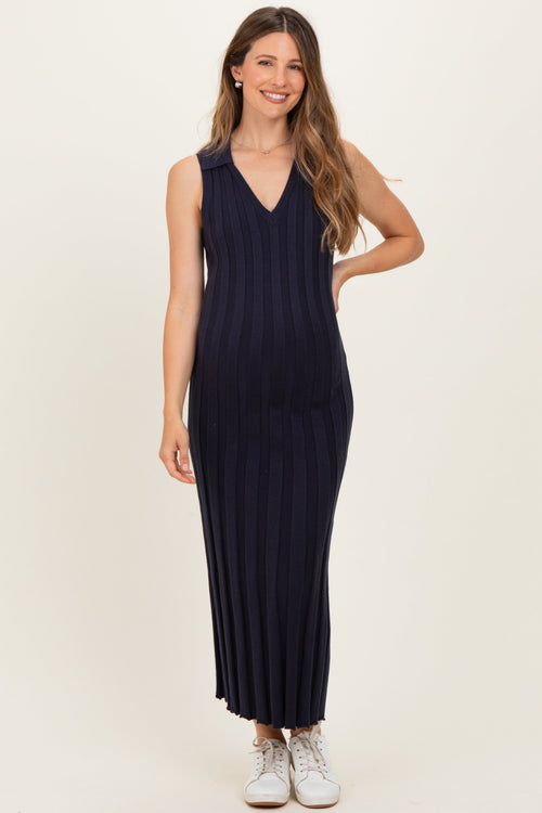 Navy Knit Collared Sleeveless Maternity Maxi Dress