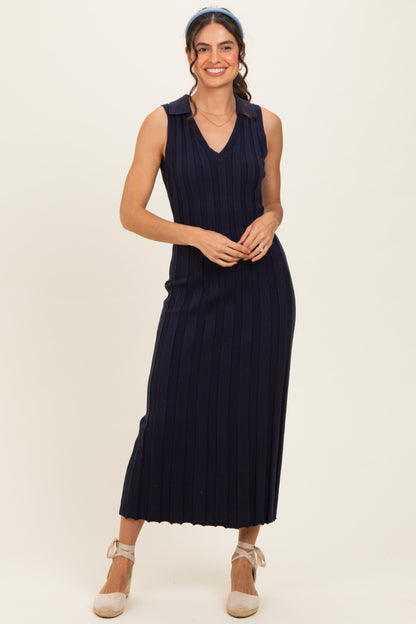 Navy Knit Collared Sleeveless Maternity Maxi Dress