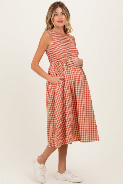 Red Gingham Smocked Sleeveless Maternity Midi Dress