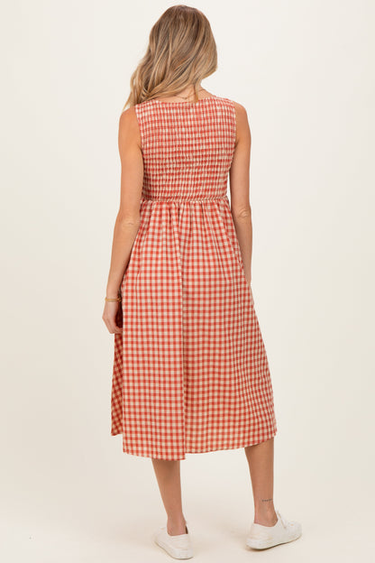 Red Gingham Smocked Sleeveless Maternity Midi Dress