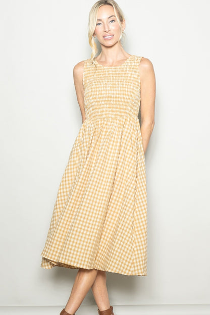 Yellow Gingham Smocked Sleeveless Maternity Midi Dress