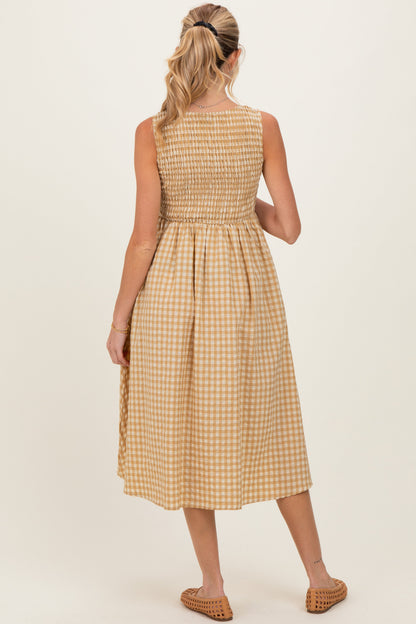 Yellow Gingham Smocked Sleeveless Maternity Midi Dress
