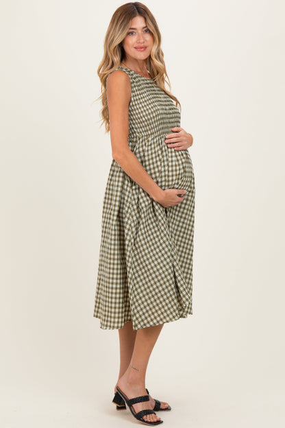 Olive Gingham Smocked Sleeveless Maternity Midi Dress