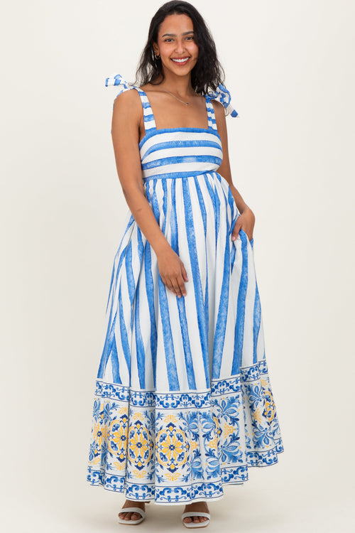 Blue Striped Shoulder Tie Printed Hem Maternity Midi Dress
