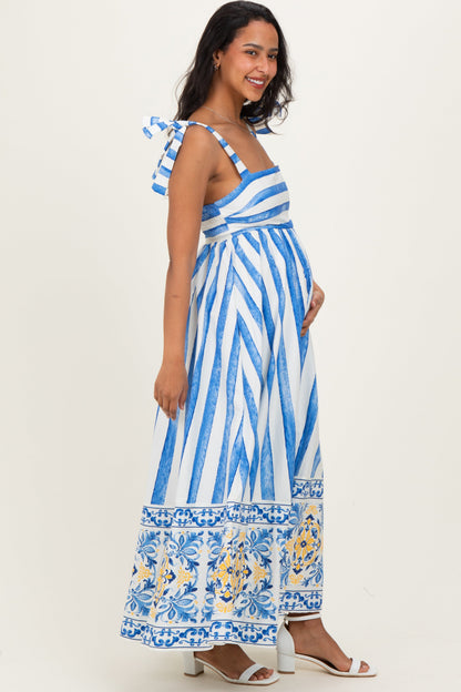 Blue Striped Shoulder Tie Printed Hem Maternity Midi Dress