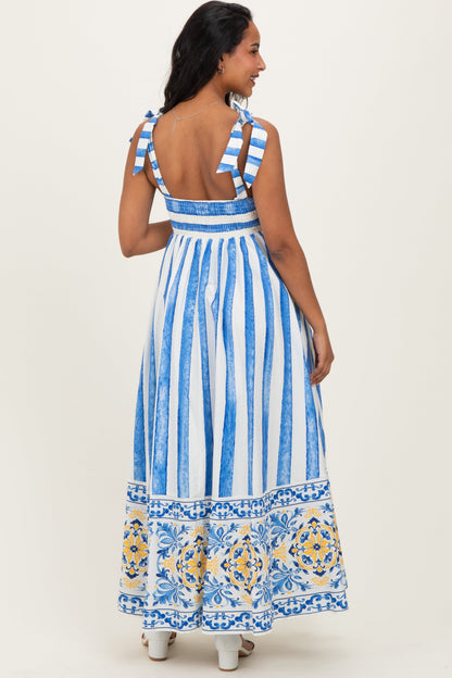 Blue Striped Shoulder Tie Printed Hem Maternity Midi Dress