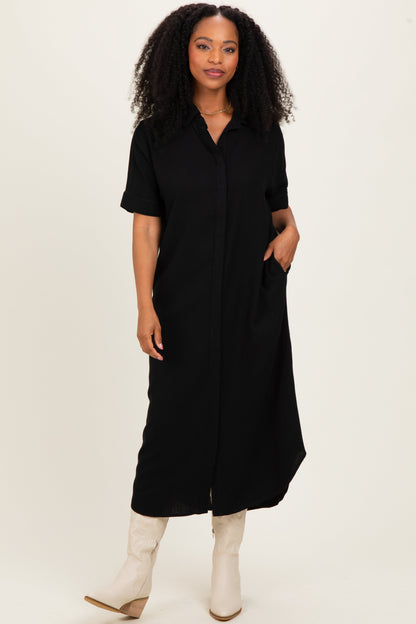 Black Button Down Maternity Midi Shirt Dress