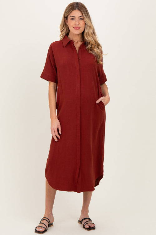 Brick Button Down Maternity Midi Shirt Dress