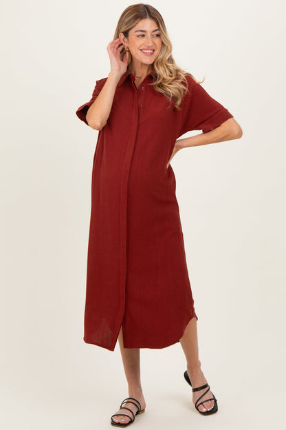 Brick Button Down Maternity Midi Shirt Dress