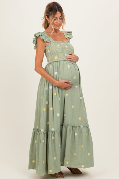Green Floral Embroidered Smocked Maternity Maxi Dress